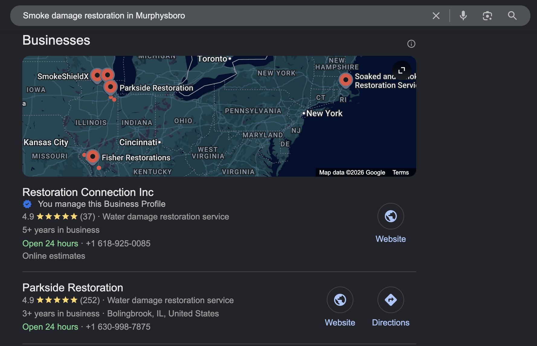 Restoration Connection ranking first in the Google map pack for “smoke damage restoration in Murphysboro,” above competitors with more reviews